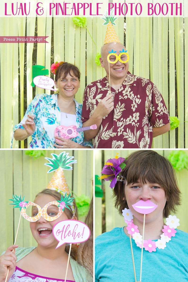May include: A photo booth set with props for a luau party. The props include a pineapple hat, pineapple glasses, a ukulele, a speech bubble that says "Party like a pineapple", a speech bubble that says "Aloha!" and a pink mouth.