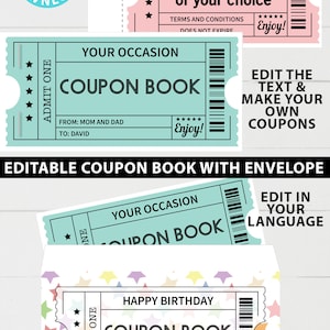 EDITABLE Coupon Book Template, Multi Color Tickets Printable, Custom ...