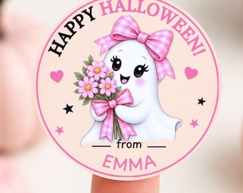 Pink Coquette Flower Ghost Halloween Stickers, Round Avery Labels, Personalized Canva Template, DIY Treat Bag Printable, Digital Party Favor