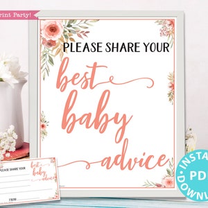 Carte de conseils de maman & signe imprimable, meilleurs conseils de bébé pour maman, modèle de signe de baby shower, fleurs de pêcher, cadre, nouvelle maman, fille, téléchargement immédiat