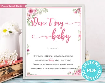 Don't Say Baby Sign Printable, Baby Shower Game Template, Funny Baby Shower Activities, Pink Flowers, Frame or Fold, Girl, INSTANT DOWNLOAD