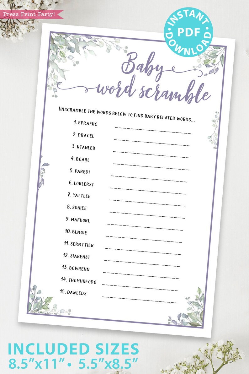 Virtual Baby Shower Games Printable Bundle Greenery & Purple Etsy