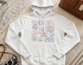 Passport Stamp Hoodie | Vintage Travel Lover Sweatshirt | Threadfast 320H White