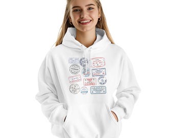 Passport Stamp Hoodie | Vintage Travel Lover Sweatshirt | Arctic White