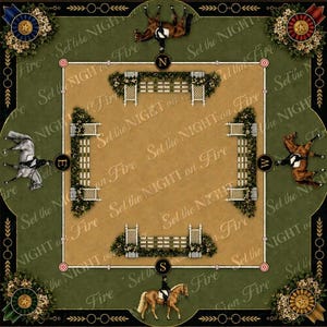 May include: A square textile print featuring a central equestrian show jumping arena with four fences, surrounded by a green border with four horses and riders, four award rosettes, and the repeating text Set the NIGHT on Fire.