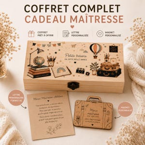 Set regalo completo e personalizzato per insegnanti | Scatola in legno illustrata e incisa, lettera e magnete | Regalo di fine anno per insegnanti, assistenti scolastici e tate