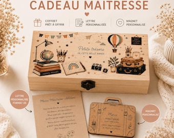 Set regalo completo e personalizzato per insegnanti | Scatola in legno illustrata e incisa, lettera e magnete | Regalo di fine anno per insegnanti, assistenti scolastici e tate