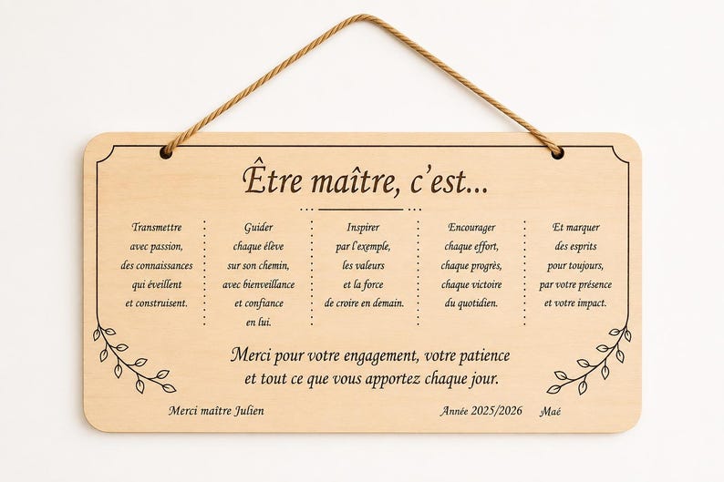 May include: A rectangular wooden sign with a rope hanger. The sign features French text in black, including phrases like "&Ecirc;tre ma&icirc;tre, c'est..." and "Merci pour votre engagement." Decorative floral elements are in the corners.