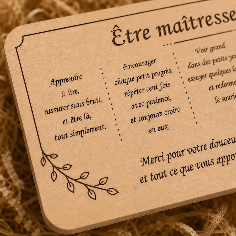 May include: A rectangular wooden plaque with engraved text in French. The plaque features a decorative floral design and phrases like "&Ecirc;tre ma&icirc;tresse" and "Merci pour votre douceur". The background is a light brown.