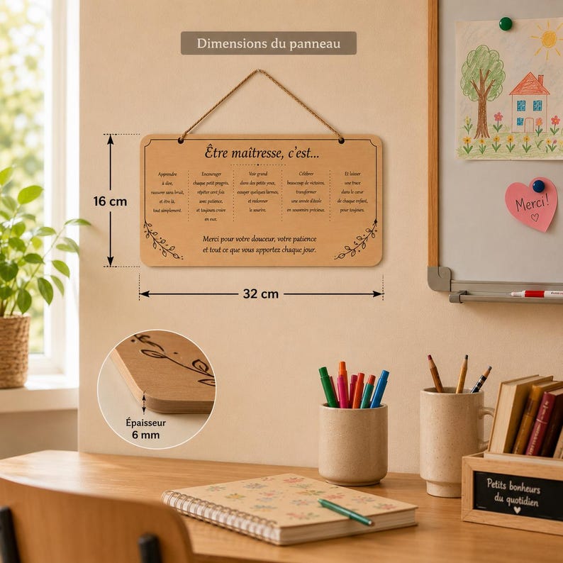 May include: A wooden sign with the text "&Ecirc;tre ma&icirc;tresse, c'est..." and decorative floral accents. The sign is 16 cm high, 32 cm wide, and 6 mm thick. It hangs by a rope and is displayed on a wall.