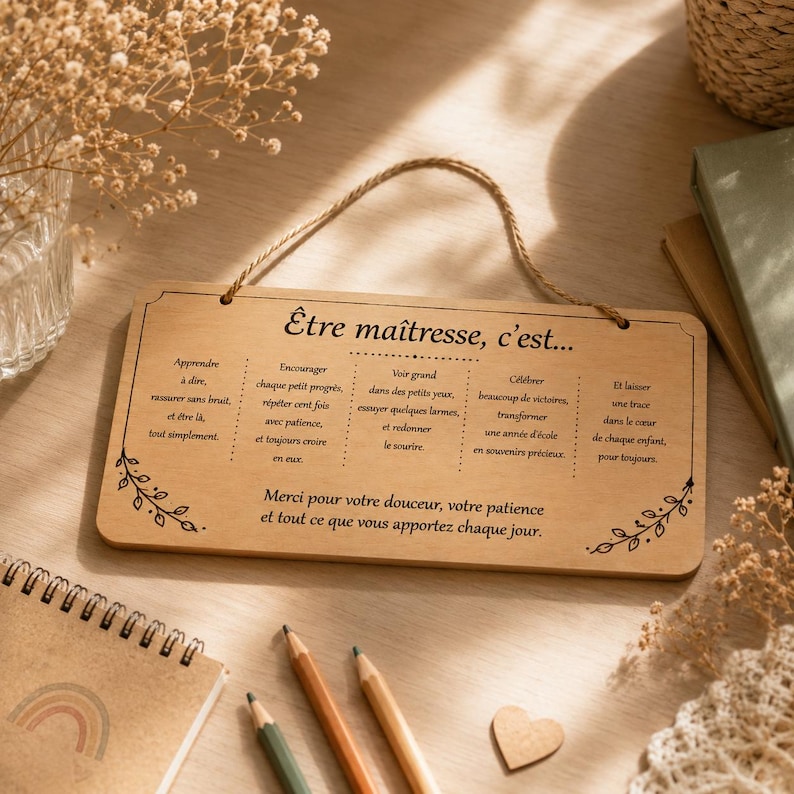 May include: A wooden plaque with the text "&Ecirc;tre ma&icirc;tresse, c'est..." in black. The plaque has a decorative floral design and a jute rope for hanging. The text is in French and is a message for teachers.