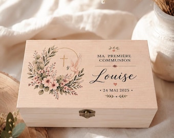 Scatola regalo personalizzata in legno per la Prima Comunione – Scatola ricordo con nome e data – Elegante regalo per la Prima Comunione