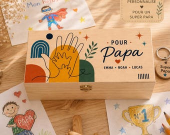 Coffret bois personnalisé fête des pères • boîte à souvenirs papa ou beau-papa • cadeau papa enfants prénoms