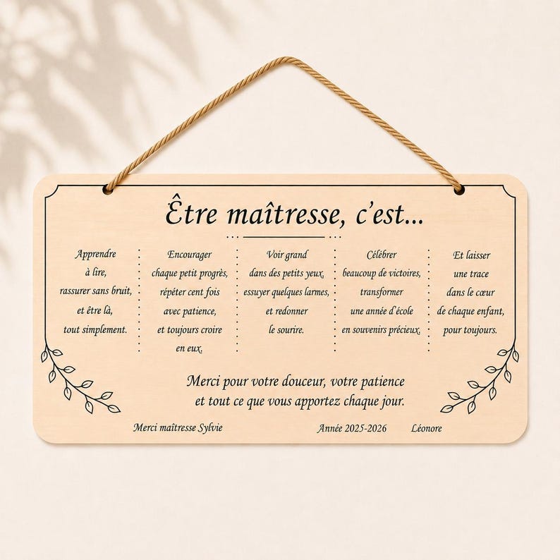 May include: A rectangular wooden sign with a light brown background and a decorative border. The sign has text in French, including the words "&Ecirc;tre ma&icirc;tresse, c'est..." and a message of appreciation for a teacher. A jute rope is attached for hanging.