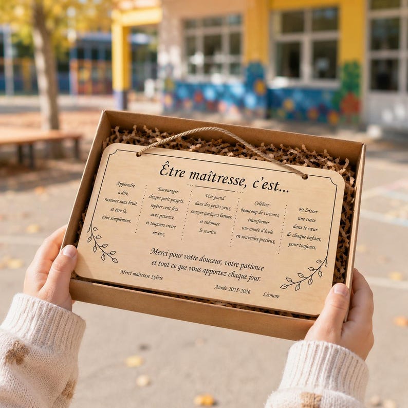 May include: A wooden plaque with a light brown finish, presented in a cardboard box. The plaque has a rope for hanging and features French text and decorative floral accents. The text is a message of appreciation.