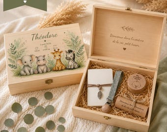 Personalized Baby Gift Set in Engraved Wood, Savannah Baby Keepsake Box with Accessories, Complete Original Baby Gift