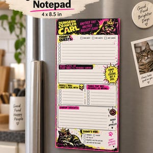 May include: A rectangular magnetic notepad titled Dungeon Crawler Carl with a 4 by 8.5 inch dimension. The design features a black cat wearing a crown, pink and yellow paint splatters, and sections for quests, notes, mobs, and random thoughts.