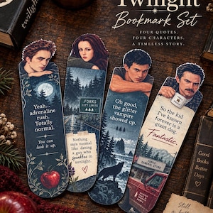 May include: A set of four rectangular bookmarks featuring Twilight characters and quotes. Each bookmark displays a unique illustration, including a red apple, a forest, a wolf, and a red truck, with text such as 'Yeah... adrenaline rush. Totally normal.' and 'So the kid I've known forever is a giant dog.'