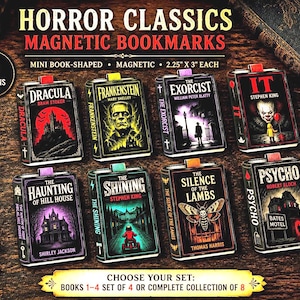 May include: A set of eight rectangular magnetic bookmarks featuring horror book covers including Dracula, Frankenstein, The Exorcist, It, The Haunting of Hill House, The Shining, The Silence of the Lambs, and Psycho. Each bookmark measures 2.25 inches by 3 inches.