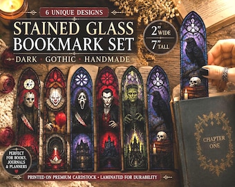 May include: A set of six stained glass bookmarks featuring dark gothic imagery including horror characters, a haunted house, and a raven. Each bookmark measures 2 inches wide by 7 inches tall. The set is printed on cardstock with a laminated finish.