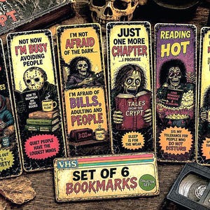 Vintage Horror Bookmark Bundle of 6 | Funny Bookmarks for Horror Readers | Gothic Book Lover Gift | 80s VHS Inspired | Laminated