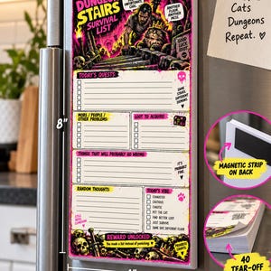 May include: A rectangular magnetic notepad measuring 8 inches by 4 inches with a fantasy-themed graphic. The top features a dungeon illustration with text reading Dungeon Stairs Survival List. It includes sections for quests, loot, and thoughts.