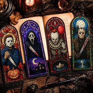 May include: Four rectangular bookmarks featuring stained glass style illustrations of horror movie characters. The designs depict Michael Myers with a pumpkin, Ghostface, Pennywise holding a red balloon, and Jason Voorhees with a machete.