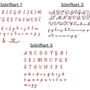 May include: A white background displays three different red font styles. The first font style is a classic serif font, the second is a cursive script, and the third is a more stylized serif font. Each font includes uppercase and lowercase letters.