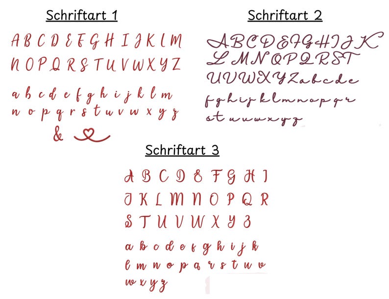May include: A white background displays three different red font styles. The first font style is a classic serif font, the second is a cursive script, and the third is a more stylized serif font. Each font includes uppercase and lowercase letters.