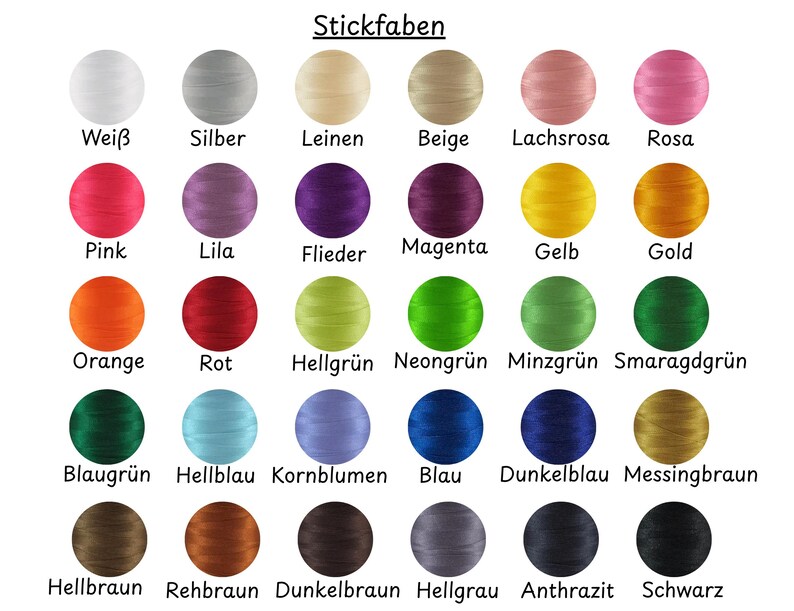 May include: A color chart of embroidery thread in various shades. The chart includes colors like white, silver, beige, pink, red, orange, yellow, green, blue, brown, and black. The text "Stickfaben" is at the top.