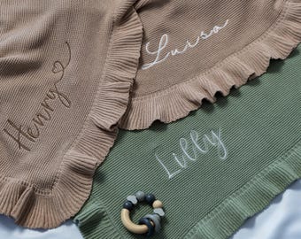 Personalized Knit Baby Blanket | Soft Cotton Ruffle Edge, Custom Name Embroidery