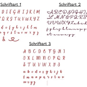 May include: A white background displays three different red font styles. Each style shows the alphabet in uppercase and lowercase letters. The text "Schriftart" is above each font style. The first font style is a classic serif font.