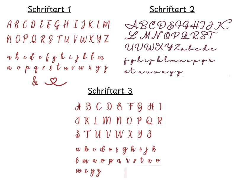 May include: A white background displays three different red font styles. Each style shows the alphabet in uppercase and lowercase letters. The text "Schriftart" is above each font style. The first font style is a classic serif font.