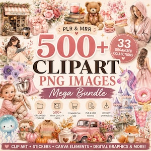 Paquete de más de 500 imágenes prediseñadas PNG / PLR MRR para uso comercial / 33 colecciones organizadas / Gráficos para Canva / Pegatinas digitales / Descarga instantánea