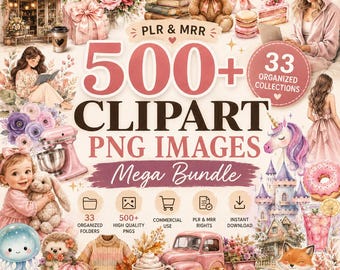 Peut inclure: Une collection numérique de plus de 500 images clipart PNG comprenant diverses illustrations comme un café, un ours en peluche, une licorne, un camion rose, des fleurs et des desserts avec le texte 500+ CLIPART PNG IMAGES Mega Bundle PLR & MRR.