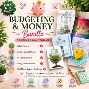 May include: A budgeting and money management bundle with editable Canva templates. The image features a pink piggy bank, a yellow piggy bank, and several budget planners. The text includes "Budgeting & Money Bundle" and "5 Editable Canva Templates."