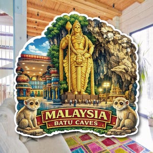 May include: A vibrant magnet depicting a golden statue with a spear, set in front of a temple and cave scenery. The magnet has the text "MALAYSIA BATU CAVES" and illustrations of two monkeys.