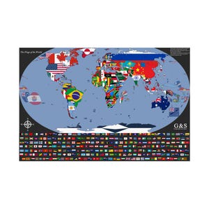 May include: A world map with country flags, including the United States, Canada, and Brazil. The title "The Flags of the World" is at the top. A compass rose is in the lower left corner. The flags of the world are also displayed at the bottom.