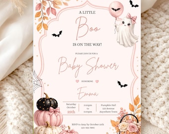May include: A baby shower invitation card featuring a light pink background with a cute ghost holding a balloon, black bats, and a stack of pink and black pumpkins. The text reads A LITTLE Boo IS ON THE WAY! Baby Shower honoring Emma with event details.