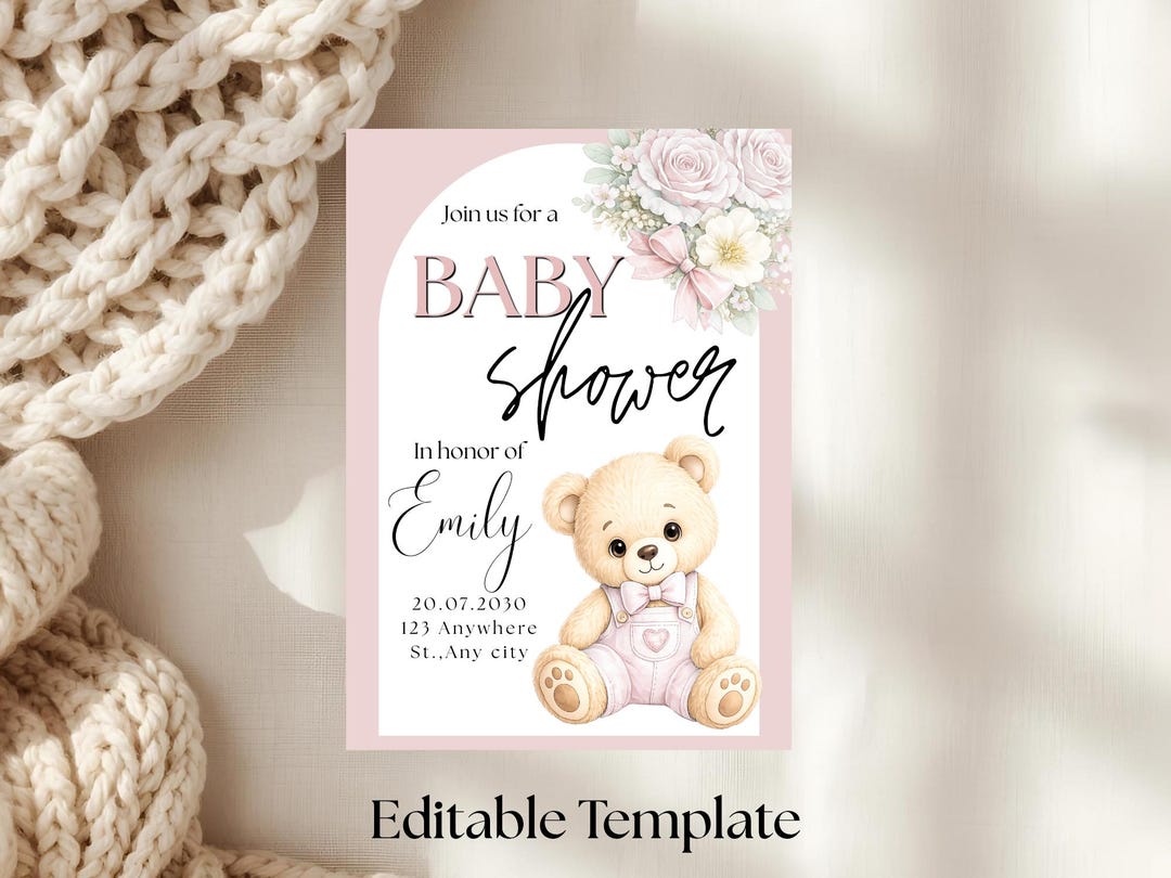 Pink Floral Teddy Bear Baby Shower Invite. Editable Digital Download ...