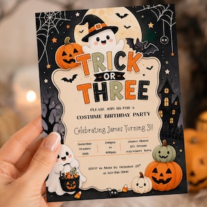 Invitación de cumpleaños de Halloween para un niño de tres años. Invitación de Halloween con temática de otoño. Plantilla editable. Ideas para fiestas de cumpleaños.