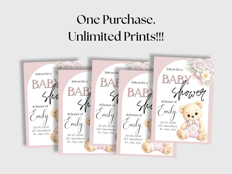 Pink Floral Teddy Bear Baby Shower Invite. Editable Digital Download ...