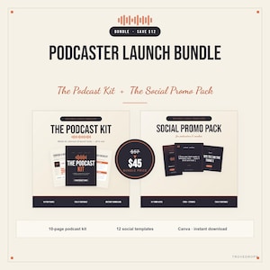 Könnte beinhalten: Ein digitales Vorlagen-Set Podcaster Launch Bundle mit The Podcast Kit und The Social Promo Pack. Die Grafik enthält Textbeschriftungen für ein 10-seitiges Podcast-Kit, 12 Social-Media-Vorlagen und Optionen für den sofortigen Canva-Download.