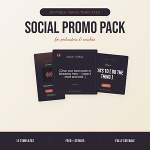 Könnte beinhalten: Ein Social-Media-Werbepaket für Podcaster und Coaches. Das Design zeigt drei dunkle quadratische Vorlagen mit Text, darunter "SOCIAL PROMO PACK" und "EDITABLE CANVA TEMPLATES." Die Vorlagen sind für Social-Media-Feeds und -Stories.