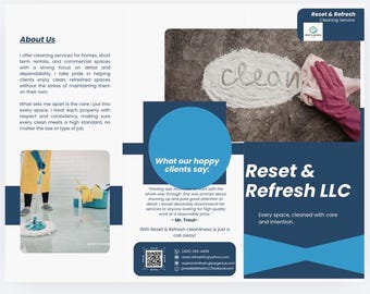 Plantilla editable para folletos de negocios de limpieza / Plantilla tríptico para Canva / Kit de marketing para limpieza residencial y comercial (Airbnb)