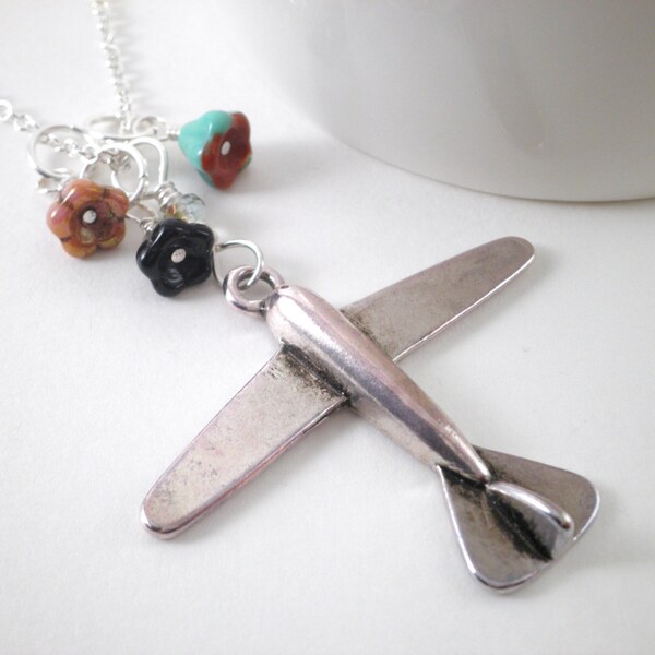 Mid-Century Retro Silver Airplane Necklace with Czech Glass Bell Flowers