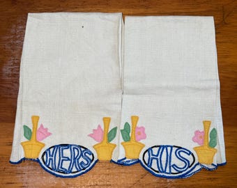 Vintage handgemaakte linnen handdoeken voor dames en heren, geborduurd in mid-century stijl - Kitsch - Landelijk