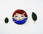 Book Lover Brooch Pin. Reader Hand painted Pin. Bookworm Illustrated Polymer Clay Brooch. Art Pin.