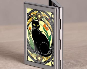 Art Nouveau Black Cat Credit Card Holder Vintage Business Card Case Mini Card Wallet Gift