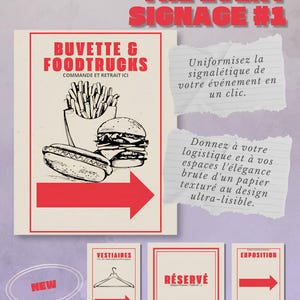 May include: A collection of event signage templates featuring red text and graphics on a cream background. The main sign displays BUVETTE & FOODTRUCKS with illustrations of fries, a burger, and a hot dog, alongside smaller signs for VESTIAIRES, RÉSERVÉ, and EXPOSITION.